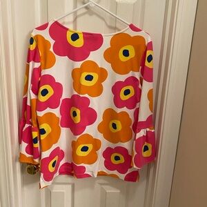 sailor-sailor stretchy vibrant floral preppy top 3/4 bell sleeves UPF 50 resort